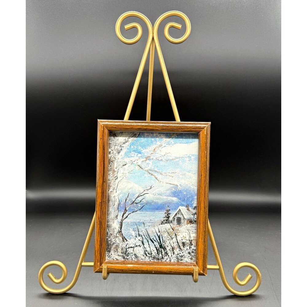Small oil painting winter scene framed with glass